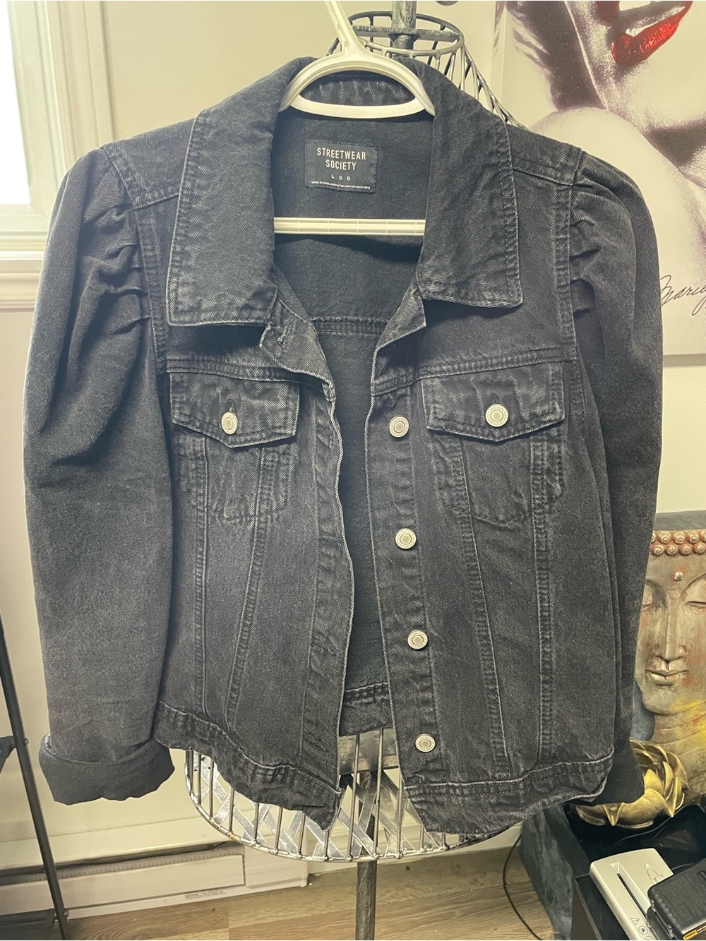 Streetwear Society Black Washed Denim Puff-Sleeve Jacket